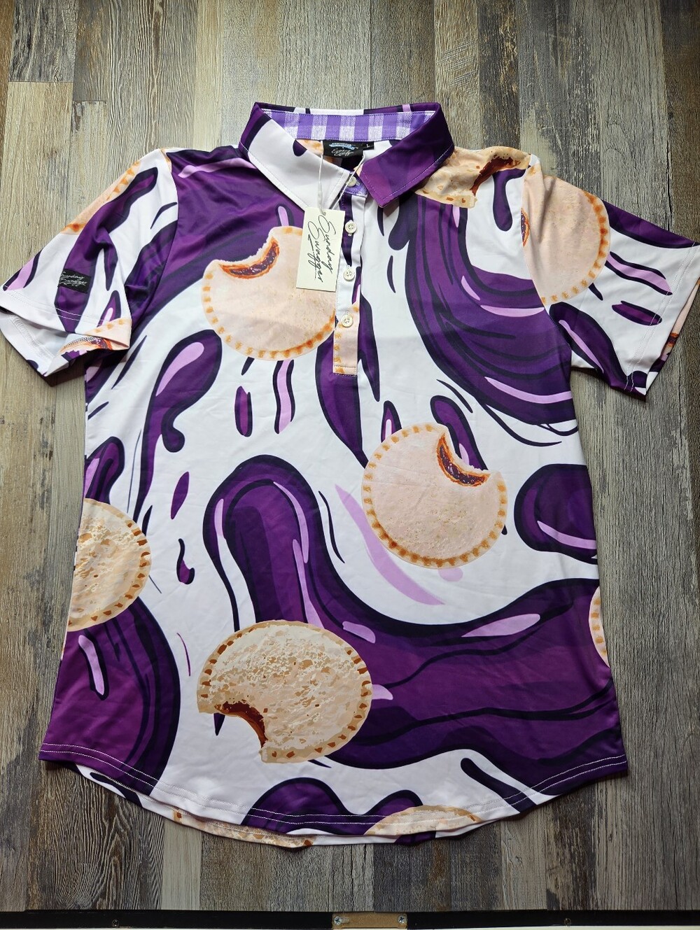 Sunday Swagger Snack Attack Uncrustables Polo NEW Women's Large Smuckers PBJ